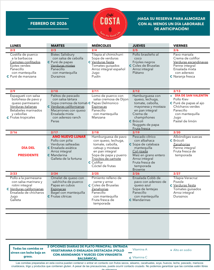 February Cafe Menu- Spanish