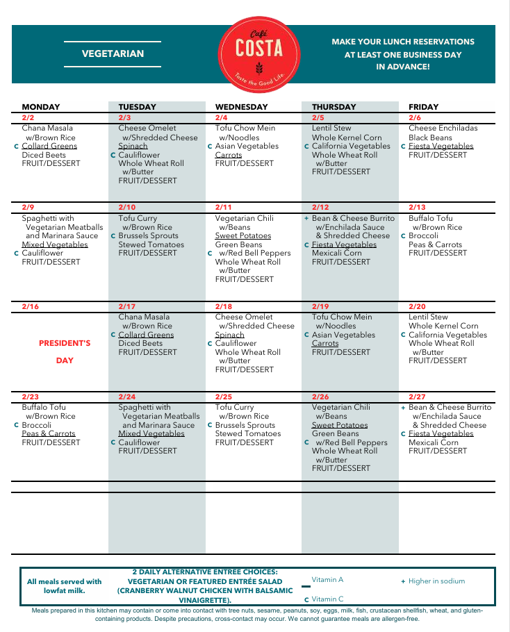 February Cafe Menu- Vegetarian