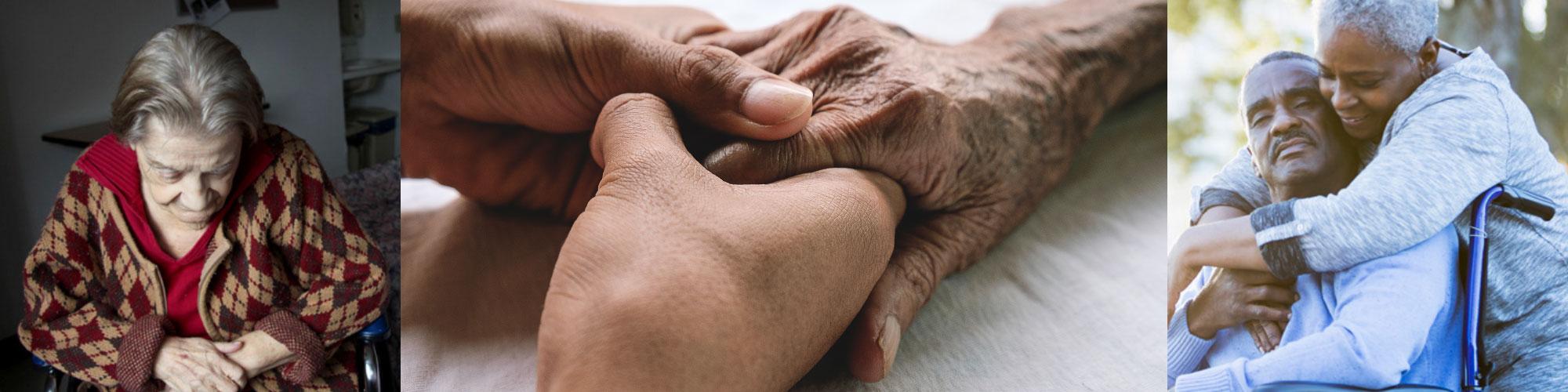 image of an elderly senior lady looking sad and down, a youthful pair of hands holding a senior's hands, an elderly woman hugging her loved one from behind while he sits on a wheelchair