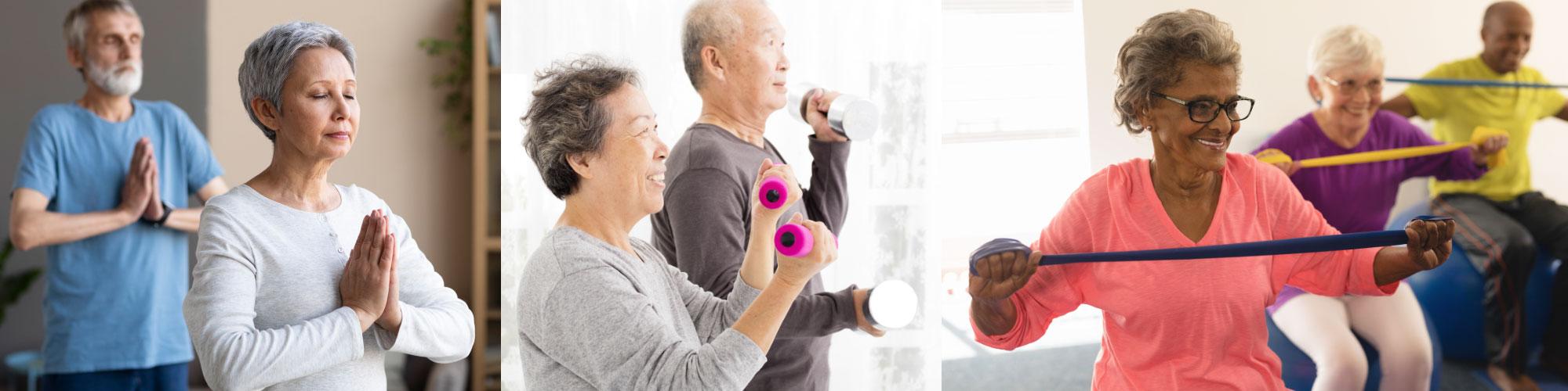 seniors doing yoga, weights, and bands on a ball