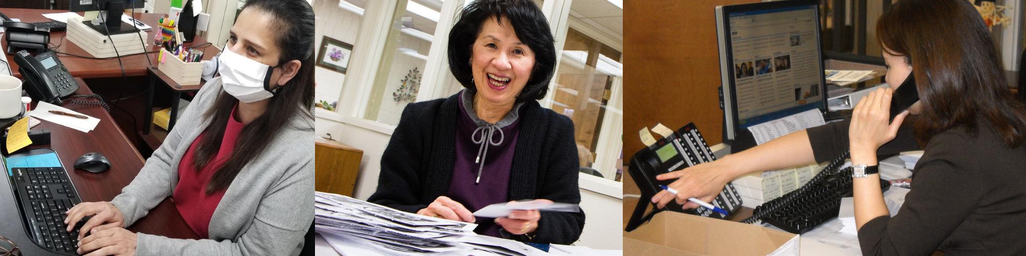 3 images of a lady typing on a keyboard, an asian lady folding letters, and a lady on a phone