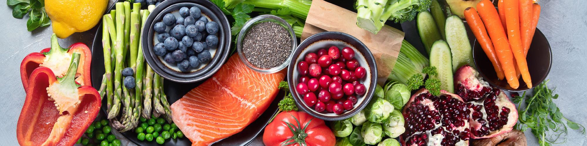 overhead picture of fruits, vegetables, and proteins