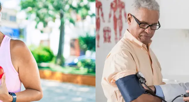senior lady holding a heart and a doctor checking a senior man's blood pressure