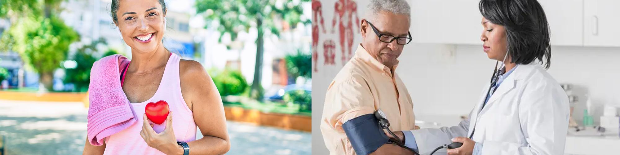 senior lady holding a heart and a doctor checking a senior man's blood pressure