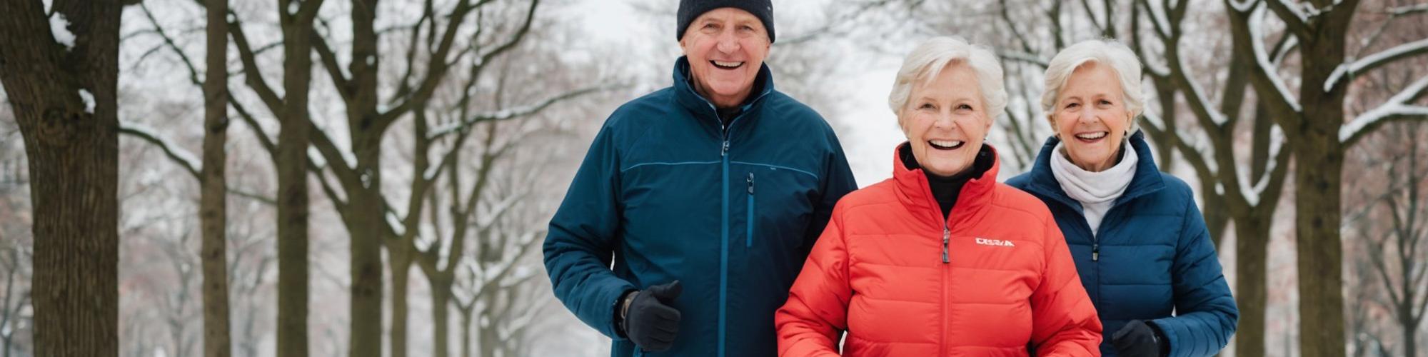 3 elderly seniors running in the snow