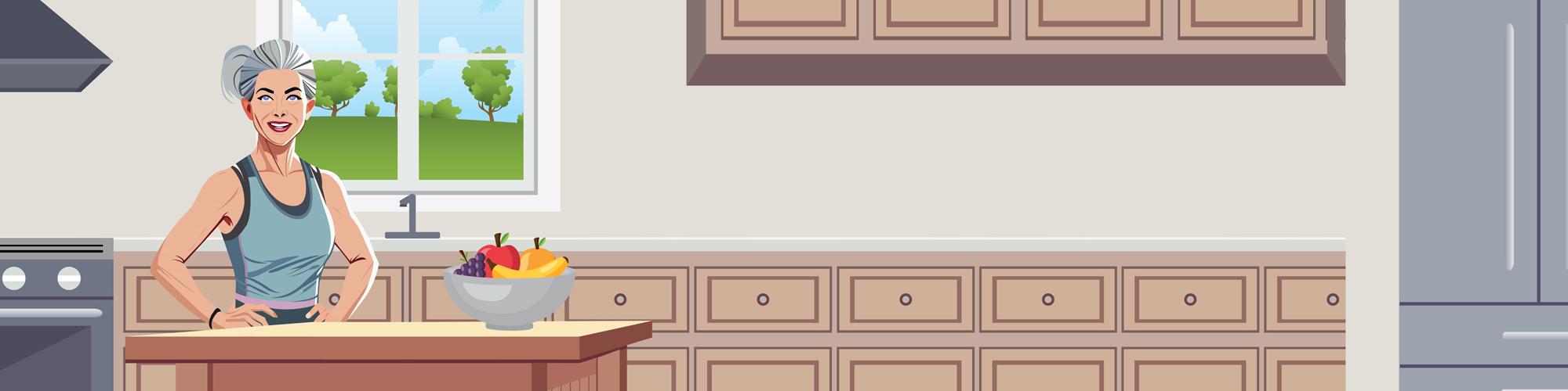 illustration of a fit older woman in her kitchen