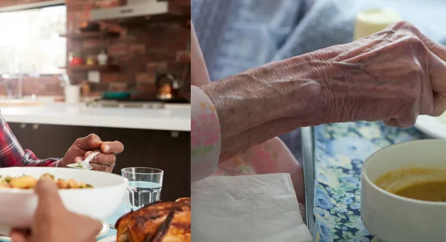 african american couple passing a bowl of food and elderly hands cutting healthy food
