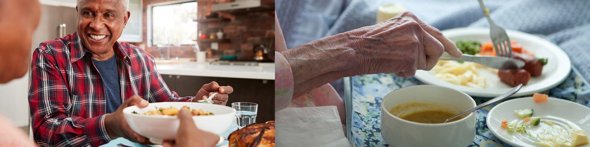 african american couple passing a bowl of food and elderly hands cutting healthy food