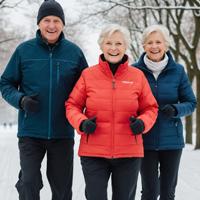 3 elderly seniors running in the snow