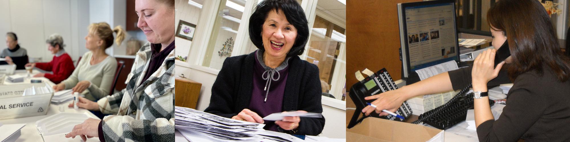 images of volunteers helping fold letters and taking phone calls